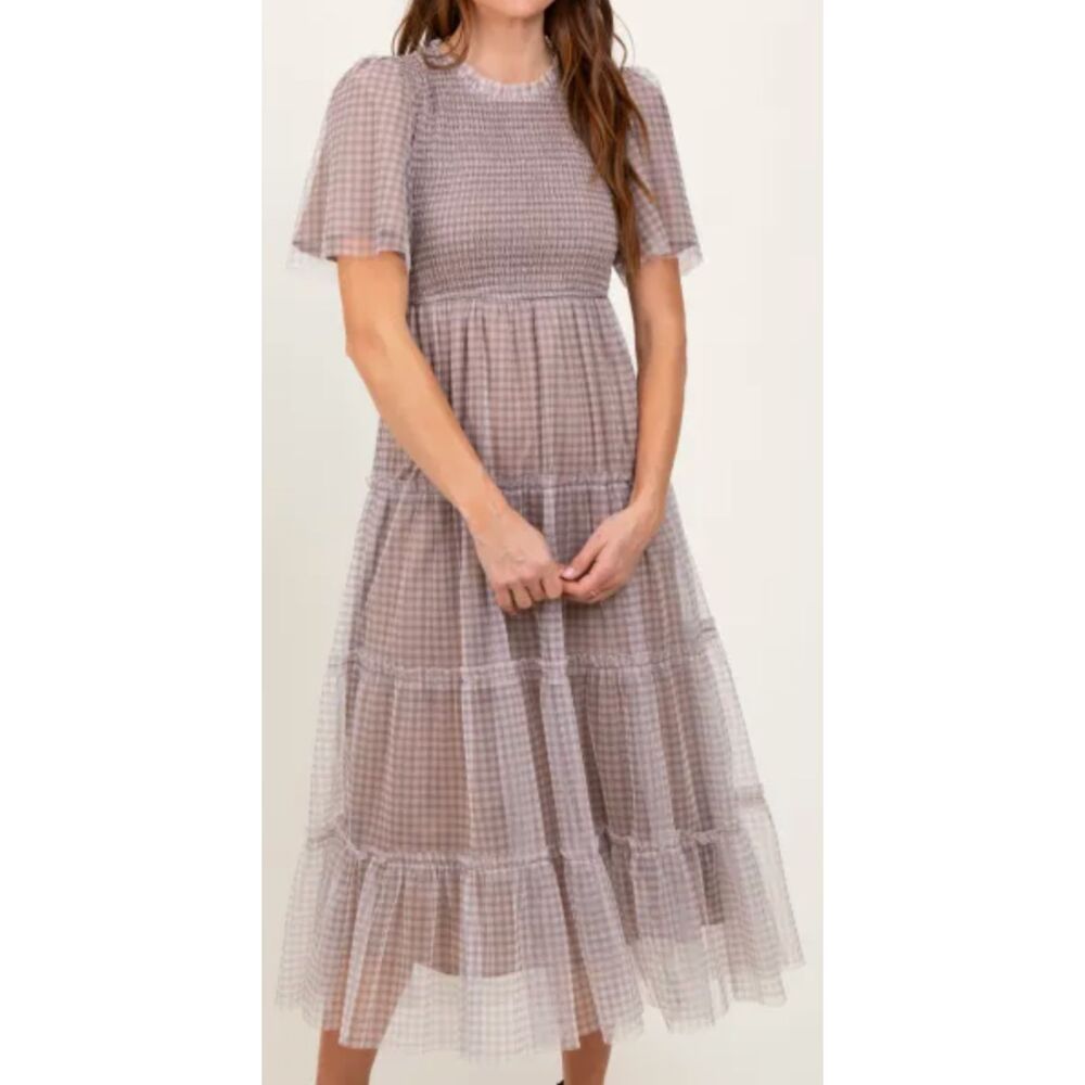 Anthropologie Celadon Gingham Mesh Tiered Midi Dress Tan Taupe Size L